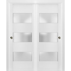 Sliding Closet Bypass Doors 72 x 80 with Hardware | Quadro 4113 White Silk  with Frosted Opaque Glass | Sturdy Top Mount Rails Moldings Trims Set 