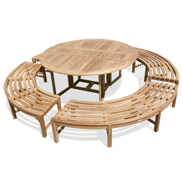 Windsor's Grade A Teak 6' Round Folding Table With 4 Curved Benches.