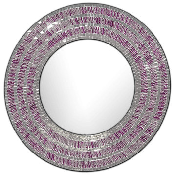24" Silver Round Mosaic Wall Mirror, Shiny Silver Decorative Glass Wall Mirror, Purple/Silver