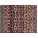 Bareens Designer Rugs - Tribal Khurgeen Slaton Pink/Purple Wool&Silk Rug - 8'10'' x 12'0'' - Designed with a mesmerizing intricate transitional and geometric motif this glorious hand knotted rug made with handspun Ghazni wool is a masterpiece that will fill any space with sophistication and grace. Hand knotted by skilled artisans in an exhilarating color pallet with an elaborate design, this masterpiece features luxurious hand spun wool with all vegetable dyes to add comfort and style to your decor. The design, color, and beautiful chromatic composition with a sheen in transitional and geometric designs, exude beauty, elegance and quality make this rug an extraordinarily opulent center piece for your living space. The intricate designs known as Khurgeen, Khorgeen or Khorjin range are inspired by the patterns from ancient tribal bags. An infusion of bold, saturated color gives this traditional hand-knotted rug a fresh perspective and modern appeal. Most desired due to its versatility in design and affordability this handmade rug is in a compelling focal point in any living area.