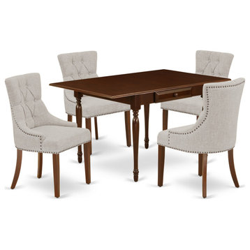 5-Piece Kitchen Set, Table and 4 Chairs Linen Fabric, Mahogany