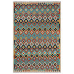 Bareens Designer Rugs - Boho Chic Turkish Kilim Leif Hand-Woven Wool Rug - 5'11'' x 7'11'' - Elevate the elegance of your home with this stunning hand-woven tribal Kilim wool rug. Meticulously crafted on a loom by the Nomad Turkman people using hand-spun wool and 100% natural vegetable dyes, these rugs are recognized for their repetitive geometric patterns, incorporating naturalistic floral and traditional designs. The contemporary fashion palette results in bold, sharp patterns that are incredibly versatile, as the pattern is the same on both sides. These reversible rugs feature a lighter shade on one side and brighter colors on the other, providing versatility according to preference. These unique rugs are made by knotting short strands of different colors onto the warps and securing them by tightly pressing the wefts. The designs are created by interweaving the various colored wefts and warps. Kilims are known for their exceptional durability and versatility, making them truly unique rugs.  Product Details    Rug Size: 5'11'' x 7'11''  Material: 100% Wool  Style: Kilim, Flat Weave, Dhurrie, Turkish, Southwestern, Rustic, Tribal  Colors: Blue, Beige  Weave Type: Hand-Woven, Handmade  Pile Height: Less than 0.25 inch