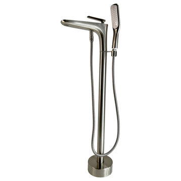 Pluto Floor Mounted Triangle Head Tub Filler Faucet with Handshower, Brushed Nickel, Standard Handle