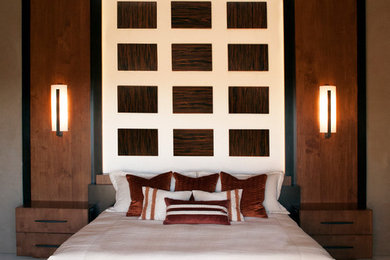Inspiration for a mid-sized contemporary master carpeted bedroom remodel in Phoenix with beige walls, a standard fireplace and a stone fireplace