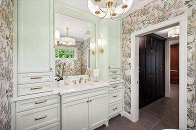 Inspiration for a large timeless master white tile and porcelain tile porcelain tile, gray floor, single-sink and wallpaper bathroom remodel in Portland with shaker cabinets, a bidet, green walls, an undermount sink, quartz countertops, white countertops, a built-in vanity and gray cabinets