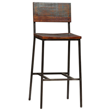 Derry Rustic Acacia and Antique Iron High Back Bar Stool