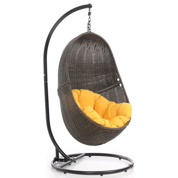 Modern Outdoor Bali Swing Chair with Stand - Espresso Basket with Yellow Cushion