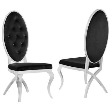 Tufted Velvet Dining Chairs in Black with Silver Stainless Steel (Set of 2)