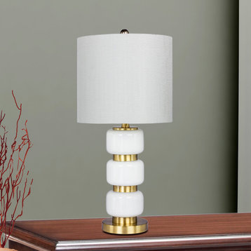 26" Smooth, Stacked Glass & Metal Table Lamp, Antique Brass & White