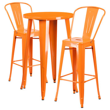 24" Round Orange Metal Indoor-Outdoor Bar Table Set With 2 Cafe Barstools