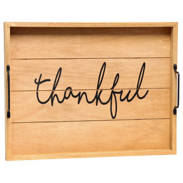 Decorative Wood Serving Tray With Handles, 15.50"X12", "Thankful"
