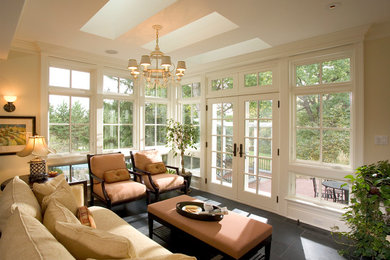 Mid-sized transitional slate floor and gray floor sunroom photo in Minneapolis with a standard ceiling