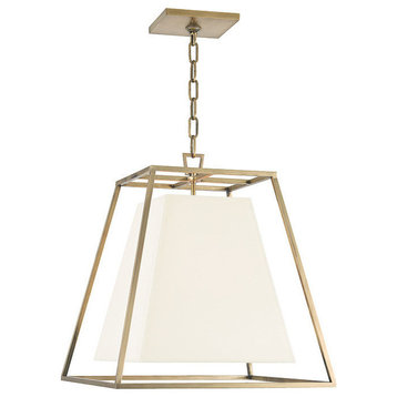 Kyle, Four Light Pendant, Aged Brass Finish, White Faux Silk Shade