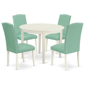 5Pc Round 42" Kitchen Table, Four Parson Chair, White Leg, Pu Leather Color Pond
