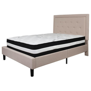 Contemporary Full Size Platform Bed, Button Tufting and Mattress, Beige