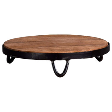 Rustic Wood Iron Footed Platter Pedestal Stand, 16" Round Vintage Style Classic