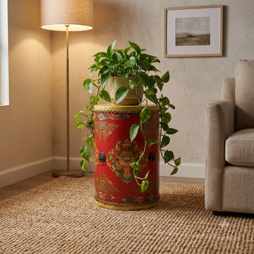 Distressed Red Lotus Tibetan Style Jewel Tower Graphic Round Drum Table ws4984