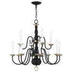Livex Lighting - Livex Lighting Williamsburg 12 Light Black, Antique Brass 2-Tier Chandelier - Simple, yet refined, this traditional, colonial chandelier is a perennial favorite. Part of the Williamsburgh series, this handsome twelve-light two-tier chandelier is a timeless beauty. It is shown in a black finish with antique brass finish accents.