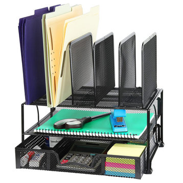 Desk Organizer with Sliding Drawer, Double Tray and 5 Upright Sections, Black