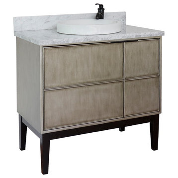 37" Single Vanity, Linen Brown Finish With White Carrara Top And Round Sink