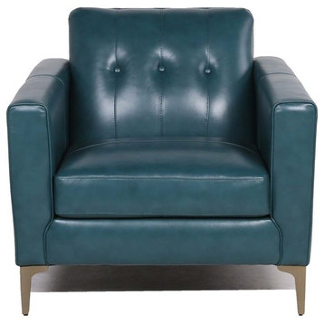 Maklaine 19" Mid-Century Leather Tufted Back Accent Chair in Turquoise