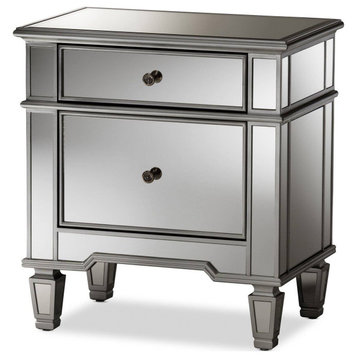 Elegant Nightstand, Mirrored Wooden Frame With Drawer & Door, Lacquered Silver