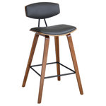 Armen Living - Fox 30" Mid-Century Bar Height Barstool in Gray Faux Leather With Walnut Wood - The Armen Living Fox mid-century barstool is a sophisticated and functional contemporary piece certain to enhance the aesthetic of the modern home. The Fox's frame and legs are made of a durable plywood while the back and seat are upholstered in gray faux leather. The modern barstool includes a metal footrest that allows for added comfort and style. The Fox is available in 26 inch counter and 30 inch bar height.