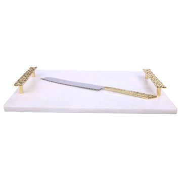 Classic Touch White Marble Challah Tray With Mosaic Handles