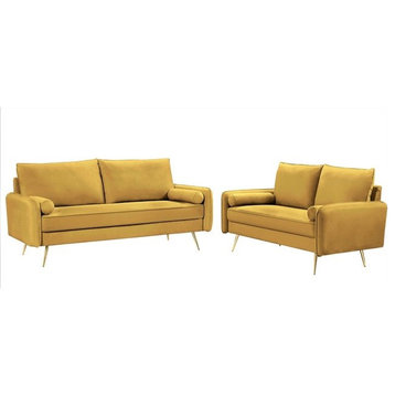 Modern Sofa & Loveseat Set, Sleek Golden Legs With Velvet Seat, Greenish Yellow