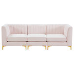 Meridian Furniture - Alina Velvet Upholstered 3-Piece Modular Sectional, Pink - Bring modern beauty to your space with the addition of this Alina Velvet Modular Sofa. This beautiful sofa features deep channel tufting to ramp up its visual interest and add to its resilient demeanor. Its soft Pink velvet upholstery blends nicely with existing elements in your room and is sleek to the touch, making this seat a super comfortable one. Part of the modular Alina collection, this sofa has a latch that attaches it to other pieces to create your custom seating arrangement.