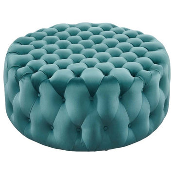 Pemberly Row Round Button Tufted Performance Velvet Ottoman in Sea Blue