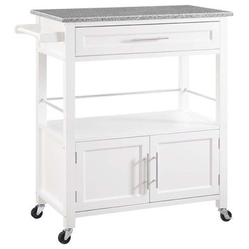 Pemberly Row Transitional Wood Kitchen Cart with Granite Top in White