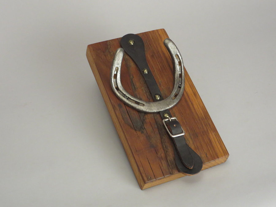 #R15006 Coat Racks Reclaimed Chestnut, horseshoes, leather.