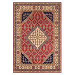 Bareens Designer Rugs - Rustic Kazak Gerry Red/Beige Wool Rug - 5'8'' x 7'10'' - Embellish your home with this exquisitely hand-knotted Kazak Rug made with the finest hand spun wool and all vegetable dyes. Demonstrating incredible attention to detail, this hand-knotted masterpiece features an intricate Kazak pattern in a classic color palette. Made in the Caucasian designs from Russia and the northern Persian empire, each Kazak incorporates distinctive tribal flavor with elements such as the stepped hooted polygons, geometrical medallions, animals and rosettes. The straight, clean lines and bold tones embody the weaving style of the Armenian and Afghani weavers known for these iconic designs. This magnificent rug featuring soft luscious pile and is made with handspun wool and natural dyes to produces soft luminous shades causing a beautiful sheen. With geometric designs and bold vibrant saturated colors predominately blues, reds, greens, and gold make a bold statement in any decor. The construction technique used ensures that the designs and colors Ae capable to withstand heavy traffic area.