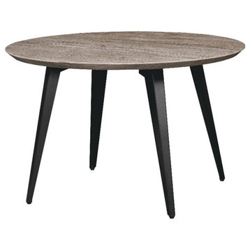 LeisureMod Ravenna Round Weathered Oak Wood 47" Dining Table W/ Metal Legs