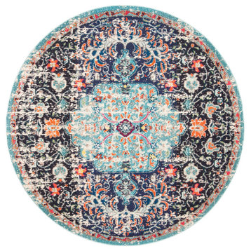 Transitional Round Area Rug, Vintage Floral Pattern, Black-Teal/11' X 11'