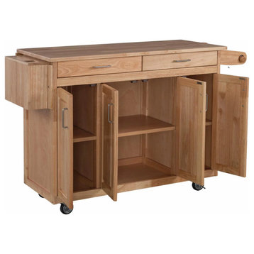 Traditional Kitchen Cart, Multiple Cabinets & Brushed Chrome Hardware, Natural