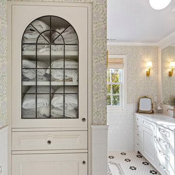 Old World Charm Bathroom, mosaic Tile, Built-In Cabinetry and Custom Vanity