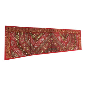 Mogul Interior - Red Sari Patchwork, Sequin Embroidery Tapestry - Table Runners