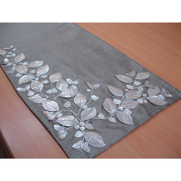 Decorative Table Runners, Silver Beige Silver Ivory, 14"x48", Silk