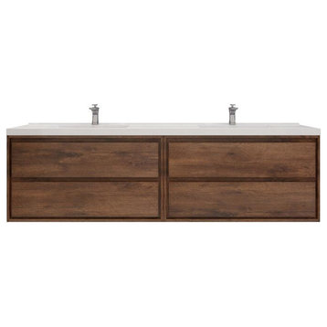 MOM 84 Wall Mounted Vanity With 4 Drawers and Acrylic Double Sink, Rose Wood