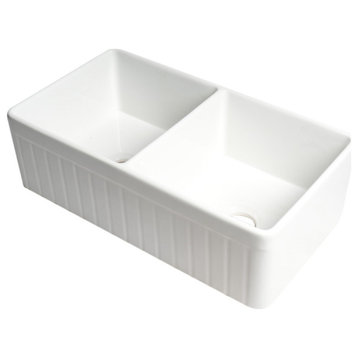 Smooth Apron Fireclay Farm Sink, White, 33"x18", Double Bowl