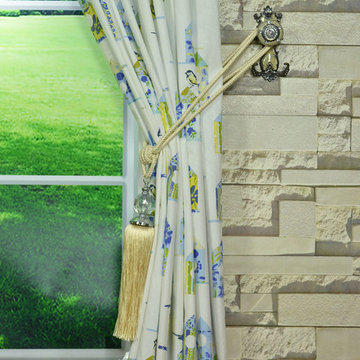 Birdhouses Double Pinch Pleat Printed Cotton Curtain with Tassel Tieback