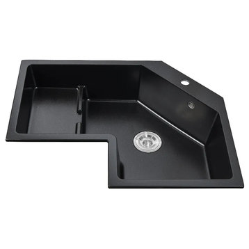 32" Modern Black Drop In Corner Kitchen Sink Single Bowl Quartz Irregular, Left Corner