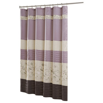 Madison Park Serene Faux Silk Embroidered Floral Shower Curtain, Purple