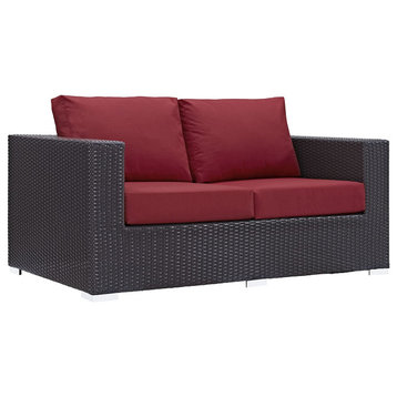 Outdoor Loveseat, Espresso Finished Wicker Frame With Comfortable Red Cushions