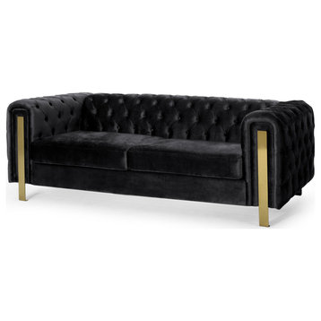 Contemporary Sofa, Elegant Design With Golden Legs & Tufted Velvet Seat, Black