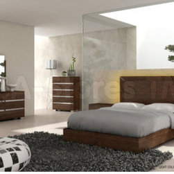 Live Modern 5 PC Bedroom Set in Walnut (Bed, 2 Nightstands, Dresser and Mirror) - Bedroom Furniture Sets