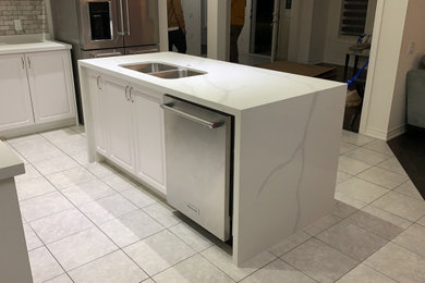 White Polished Kitchen Countertop - with Custom White cabinetry