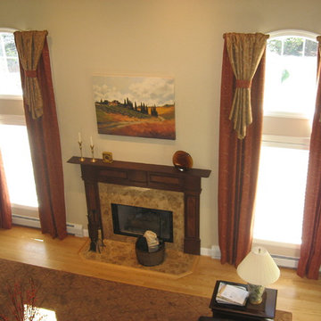 Rod Pocket Draperies with Contrast Flip Panels on Two Story Windows